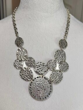 Ruby Rd Silver Tone Antiqued Hammered Coin Bib Necklace Chunky Boho